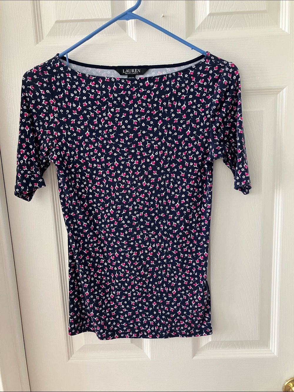 Lauren Ralph Lauren Navy Short Sleeve Scoop Neck Tee with Pink Floral Print